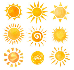Set of cartoon sun isolated on white made in watercolor hand drawn style - 474619299