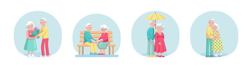 Elderly couple love relationship set. Happy senior pair man and woman at romantic date together