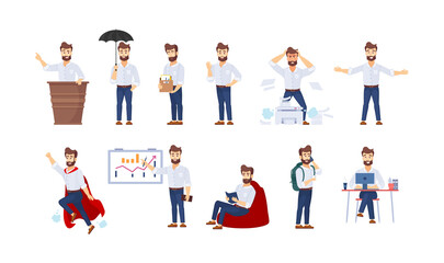 Modern business man set. Bearded guy employee working at office, public speaking tribune, fired