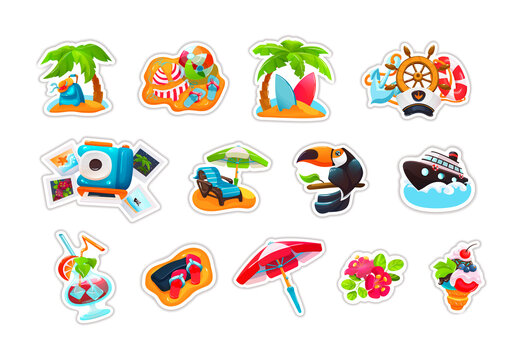 Funny summer vacation tropical stickers set. Cute icons palm tree, suitcase, toucan, swimsuit