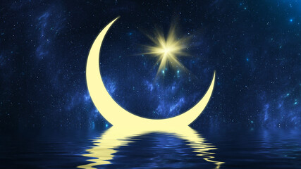 Naklejka premium Islam crescent star in night sky, Ramadan. Moon and light star reflected in water of sea. Muslim religious holiday Mubarak. Crescent moon is a symbol of God Allah