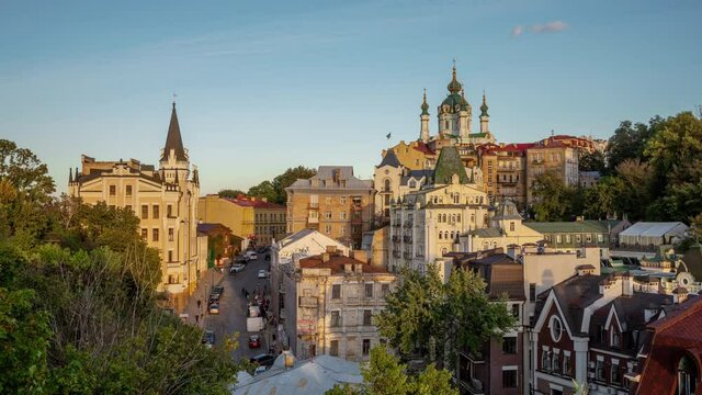 Sunset time lapse of the Saint Andrew's Church in Kyiv, Ukraine