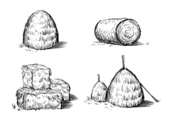 Hay bale farm drawing sketch. Hand drawn haystack set. Isolated vector illustration. - obrazy, fototapety, plakaty