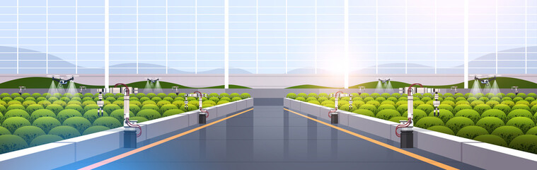 agricultural drones sprayers quad copters flying to spray chemical fertilizers in greenhouse smart farming innovation