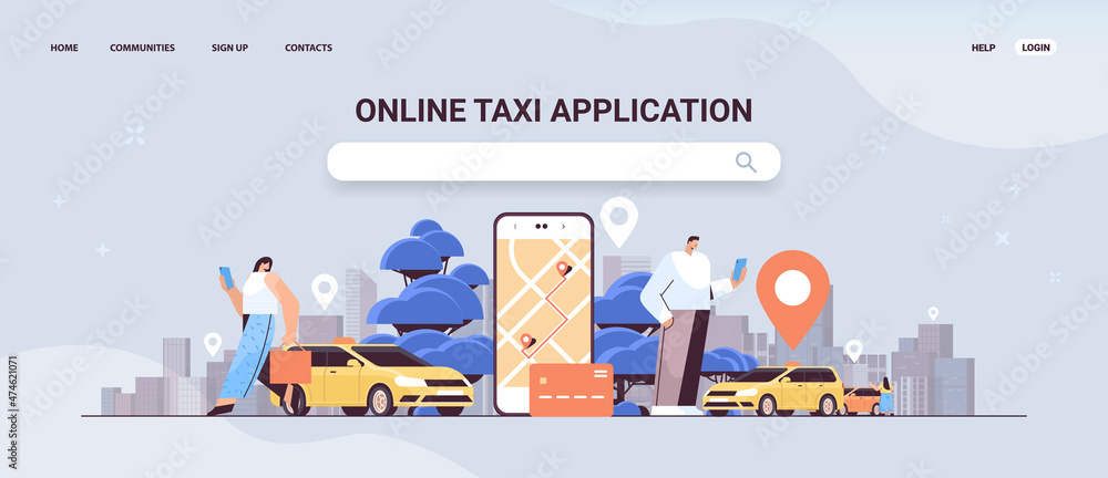 Poster people ordering automobile with location mark in mobile app online taxi app transportation service c