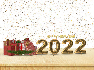 Gift with golden balloons 2022 on a white background and wooden floor. 3d render illustration with confetti. Gift boxes red golden and green ribbons. Celebration card Layout for banner, post and flyer