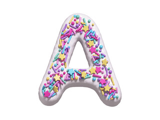 Сake with colorful candy font. White cream. Letter A
