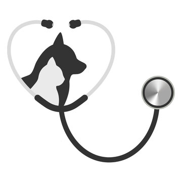 Illustration of the logo of the veterinary clinic. Stethoscope with a dog and a cat on a white background.