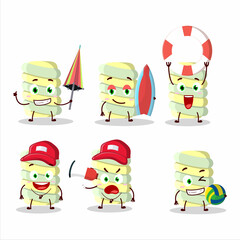 Happy Face yellow marshmallow twist cartoon character playing on a beach