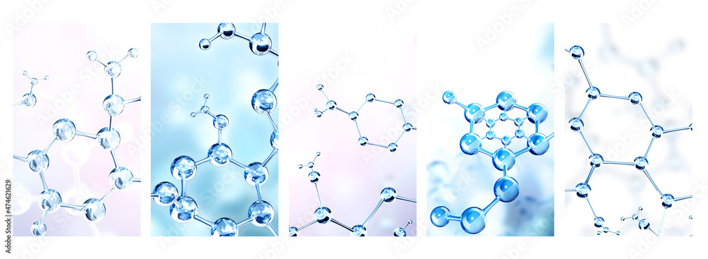 Wall mural set of vertical banners with models of abstract molecular structure