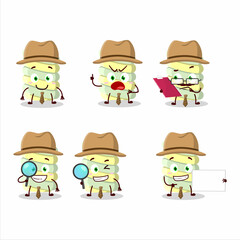 Detective yellow marshmallow twist cute cartoon character holding magnifying glass