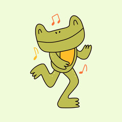 Dancing frog listen to the music. Cute cartoon doodle toad, have fun and dance. Funny character for stickers, kids wearing, other trendy designs.