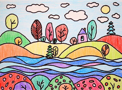 Children's drawing. Easy landscape drawing for kids. Hand drawn colorful wax crayons fantasy scenery with black marker outline.