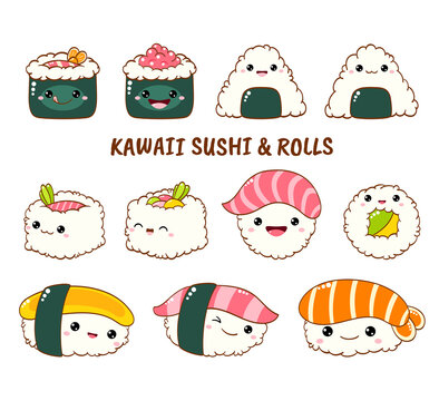 Set of cute sushi and rolls icons in kawaii style with smiling face and pink cheeks. Japanese traditional cuisine dishes. Temaki, chopsticks, nigiri, tamago, uramaki, futomaki. EPS8  