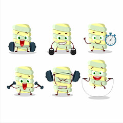 Fototapeta premium A healthy yellow marshmallow twist cartoon style trying some tools on Fitness center