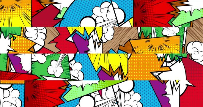 Abstract Comic Book Background. Motion poster. 4k animated Cartoon fast motion clouds, elements stock video. Comics backdrop. Retro pop art style.