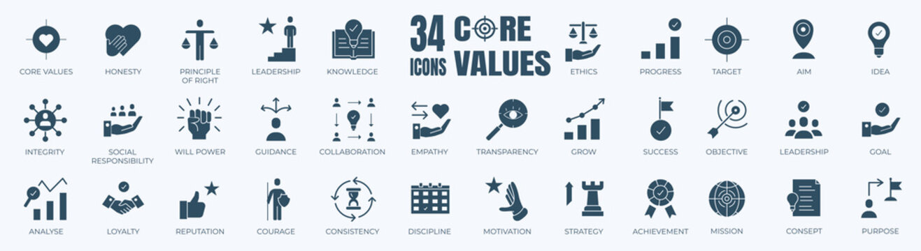 Core Values solid icon set. Vector graphic glyph style pictogram package isolated on white background