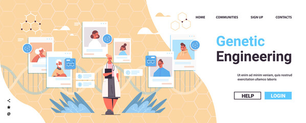 doctor consulting patients in web browser windows DNA testing genetic engineering diagnosis concept