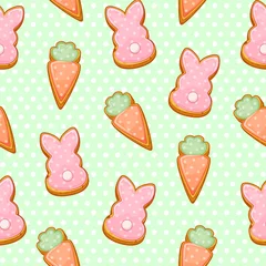 Poster Easter cookies cute green seamless pattern, festive wrapping texture. © babysofja