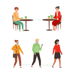 Fototapeta premium Social distance in public places set. People wearing mask to prevent infection from coronavirus COVID-19 vector illustration
