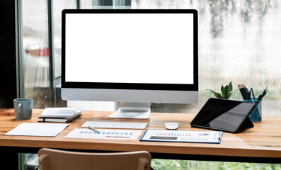 Mockup blank screen computer monitor and portable tablet.