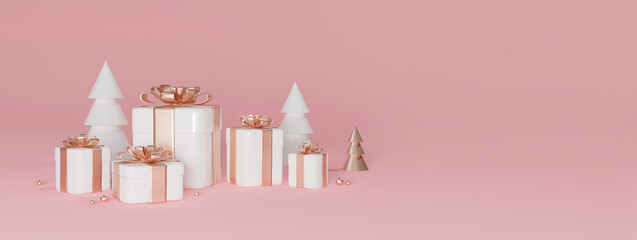 Fototapeta premium banner 3d rendering gift boxes on pink background for promotional product design with place for text 