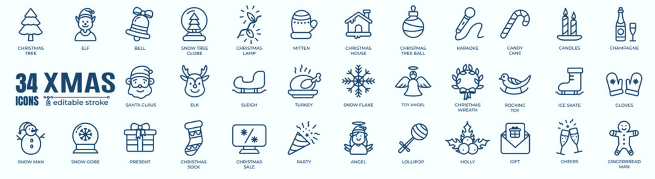 Christmas elements editable stroke pictogram - minimal thin line web icon set. Outline icons collection on white background. Simple vector illustration.