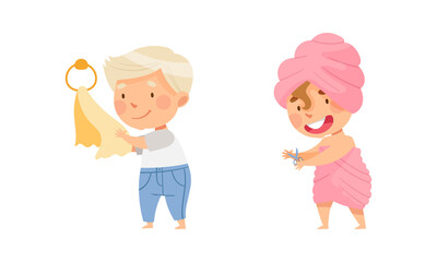 Children doing everyday hygiene activities in bathroom set. Cute boy wiping his hands with towel, the girl cutting her nails vector illustration
