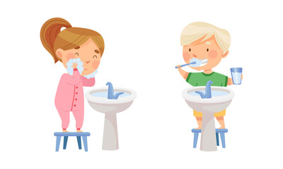 Children doing everyday hygiene activities in bathroom set. Kids washing and brushing their teeth vector illustration