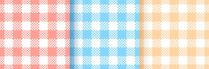 Checkered seamless pattern. Gingham vichy prints. Set of buffalo backgrounds. Blue, red, yellow plaid texture. Pastel retro wallpaper. Cloth textile grid. Simple flannel backdrop. Vector illustration.