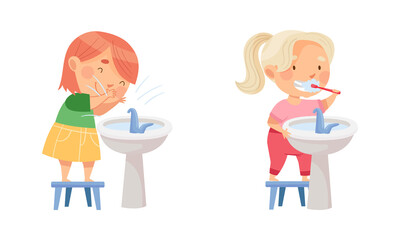 Kids doing everyday hygiene activities in bathroom set. Cute little girls brushing their teeth vector illustration