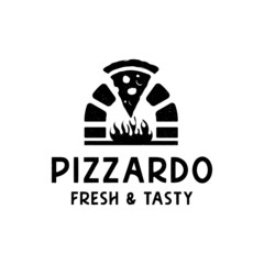 Pizza logo with pizza shovel and oven with flame on white background