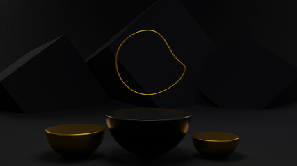 Obraz na płótnie Canvas Hemisphere Product Showcase Podium 3d Illustration. Black and Gold Pedestal Scene for Item Presentation. 