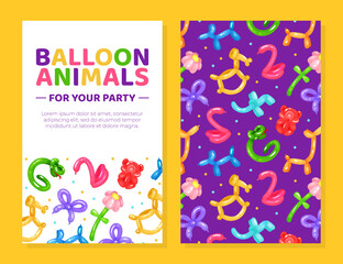 Balloon animals invitation card, flyer template with twisted bright cute toys seamless pattern vector illustration