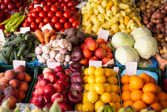 Farmers' market with vegetables and fruits.