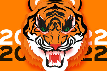 Tiger New Year. Roar Animal paper cut style. Chinese zodiac, Chinese calendar. Winter holidays. Happy New Greeting Card 2022. Wild Animal. Big cat. Christmas season.