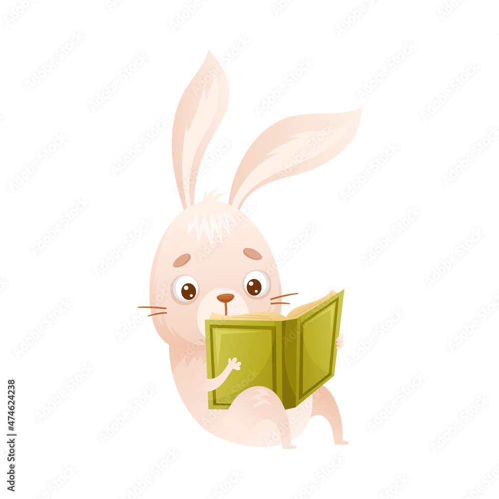 Wall mural Cute rabbit reading book. Smart baby animal sitting and studying with book cartoon vector illustration