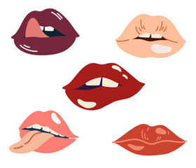 Woman's lip set. Trendy lipstick colors makeup. Girl mouths different emotions. Hand drawn set for beauty prints, fashion. Female. Vector illustration.