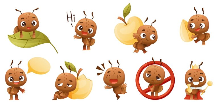 Cute brown little ant doing various activities set. Funny insect cartoon character vector illustration