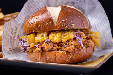 close up of delicious fresh pulled pork burger