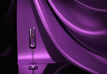 3D rendering white glass with purple drape and golden ring