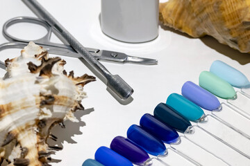 Composition with professional manicure and pedicure tools on a white background. Marine theme in...