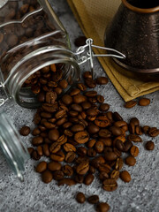 coffee beans close up on gray background 