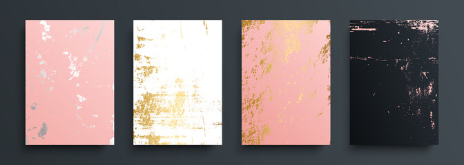 Grunge textures set. Silver, gold, pink, white and black backgrounds with grungy effect for your graphic design. Luxury covers collection. Vector illustration.