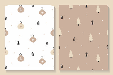 Set of seamless Christmas patterns with Christmas decoration and spruse in scandinavian style
