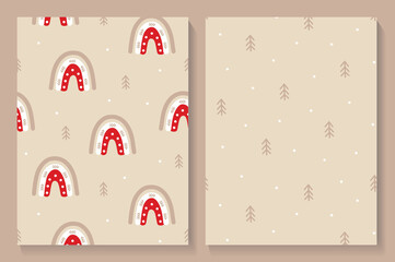 Set of seamless Christmas patterns with rainbow, pruce in scandinavian style