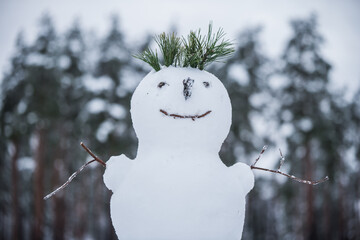 Beautiful snowman. Making a snowman, first snow.