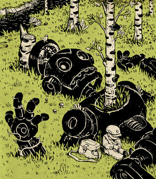 Robot and boy in fores. illustration, forest, little boy, cute, love, friend, friendship, death, birch