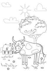 Cute bull farm animals coloring book educational illustration for children. Rural landscape colouring page. Vector black white outline cartoon character