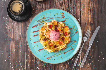 Heart waffle with banana and strawberry with gummy candy and ice cream on it.